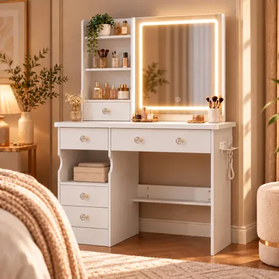 Image de Coiffeuse avec éclairage LED, coiffeuse avec miroir, armoire à bijoux, multiprise, 90 x 40 x 135 cm, coiffeuse à tiroirs