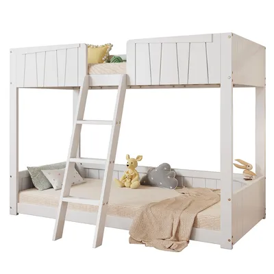Produktbild von Etagenbett mit dreistufiger Leiter und Sicherheitszauns Kinderbett Hausbett Kiefernbett Jugendbett Rahmen aus Kiefer Kiefer+MDF 90x200cm Weiß