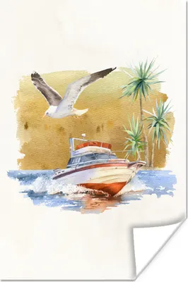 Produktbild von MuchoWow® Poster Boot - Palme - Vogel 120x180 cm - Kunstposter