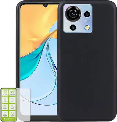 A black phone case and screen protector are shown against a white background.