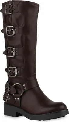 Produktbild von VAN HILL Damen Leicht Gefütterte Bikerstiefel Schnallen Nieten Schuhe 840848, Farbe: Braun, Größe: 38