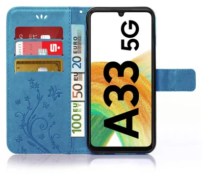 Produktbild von Handy Tasche für Samsung Galaxy A33 5G Schutz Hülle Handyhülle mit Blumenmuster Klapp Hülle mit Standfunktion und Kartenfächer Blau