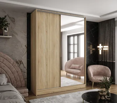 Obrázek produktu pro Moderní dvoudveřová skříň s posuvnými dveřmi z dubu Sonoma, rozměry 140 x 58 x 250 cm – se zrcadlem – do ložnice, předsíně a šatny