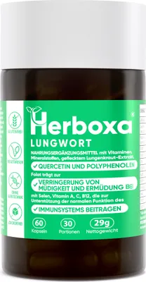Zdjęcie produktu dla Herboxa LUNGWORT z 550mg miodunki plamistej - Zawiera kwas foliowy, który zmniejsza zmęczenie i znużenie, witaminę C, kwercetynę, ProG-Phen