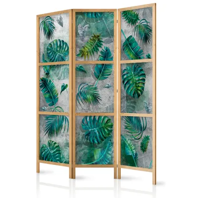 Produktbild von Paravent Monstera Blätter Palm Wedel Beton Optik 135x171 cm - 3-teilig - einseitig - eleganter Sichtschutz - Raumteiler - Trennwand - Raumtrenner - Holz - Design Motiv - Deko - Japan b-A-0376-z-b