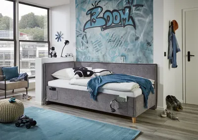 Produktbild von Meise Möbel Kinderbett FUN 120x200 cm | Bettgestell | Kopfteil & Rückenteil glatt | Webstoff Grau | Holzfuß eichefarbig