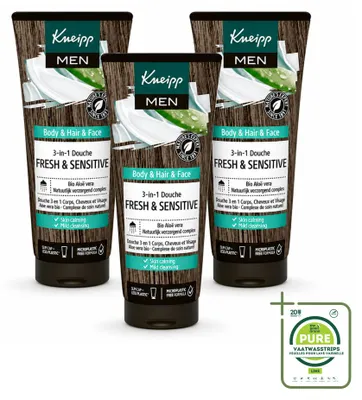 Image de 3 flacons de gel douche 3-en-1 Kneipp MEN, gamme Fresh & Sensitive, 200 ml chacun. Lot de 3