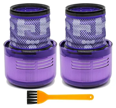 Two vacuum cleaner filters and a cleaning brush are displayed on a white background.