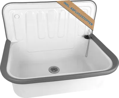 Produktbild von k-und-k-dichtungstechnik Ausgussbecken, Stahl emailliert, weiß, ohne Hahnloch und Überlauf, inkl. Ablaufgarnitur, mit Spritzschutz-Rückwand, 505 x 360 x 295 mm (B x H x T), 355 mm Bohrlochabstand, kratzfest
