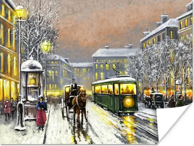Produktbild von MuchoWow® Poster Gemälde - Winter - Straßenbahn - Pferd - Stadt - Öl 120x90 cm - Wandbild