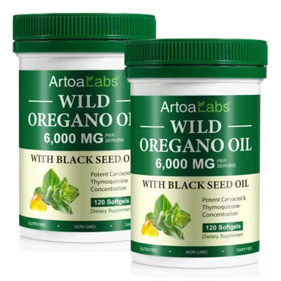 Image de Huile d'origan sauvage 6000mg, huile de nigelle, carvacrol, thymochinone, dosage élevé, 2 x 120 capsules molles
