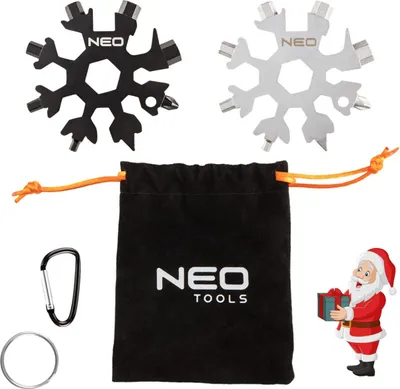 Two snowflake multitools, a black drawstring bag, a carabiner, a keyring, and a Santa Claus figure holding a gift are displayed against a white background.