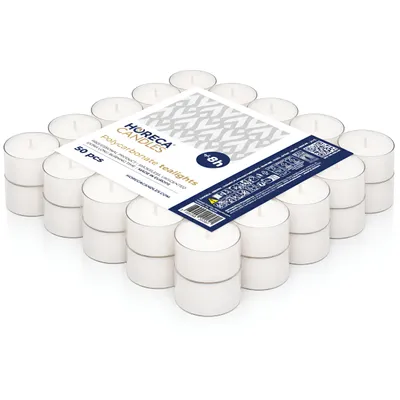 Immagine prodotto di Horeca Candles 50 tea lights premium set - 8h di autonomia - Non profumate - tea lights bianche con copertura in plastica - Copertura trasparente