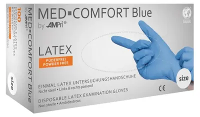 Produktbild von MED-COMFORT BLUE, Latex-Untersuchungshandschuh, puderfrei, blau, Gr. XL | Box (100 Stück)