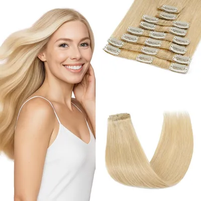 Obrázek produktu pro Prodlužování vlasů, přírodní vlasy, klipsy, 65 g, přírodní blond, 40 cm, 8 pramenů, rovné
