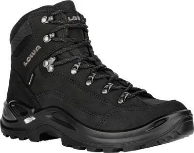 A black hiking boot is shown against a white background.