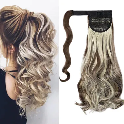 Image de Postiche de queue de cheval, extension de cheveux ondulée et bouclée, 50 cm, couleur châtain et blond décoloré