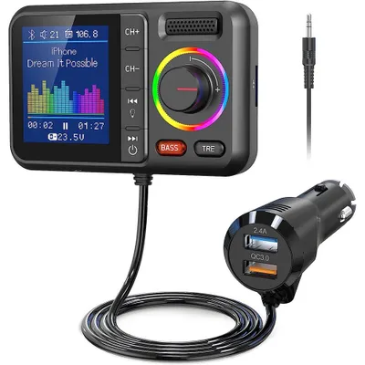 Produktbild von Bluetooth-Adapter, Auto-FM-Transmitter, Bluetooth V5.0, Großbild-Unterstützung für Freisprechanrufe, MP3-Musikwiedergabe, Subwoofer & TRE-Erweiterung