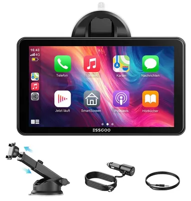 Zdjęcie produktu dla Radio samochodowe 7 cali, przenośne, z systemem Apple CarPlay i Android Auto, bezprzewodowy ekran dotykowy, Bluetooth (funkcja głośnomówiąca), radio AM/FM, nawigacja, kamera cofania