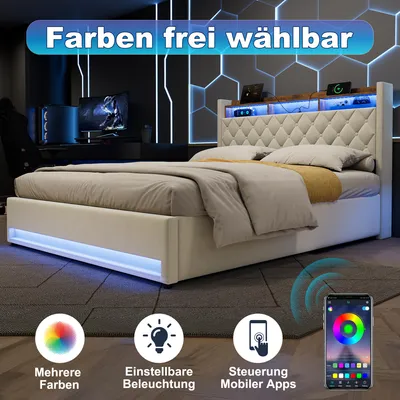 Obrázek produktu pro okwish 160×200 Dětská postel s LED osvětlením a USB, polstrovaná postel s úložnou čelní deskou a úložným prostorem, béžová, bez matrace
