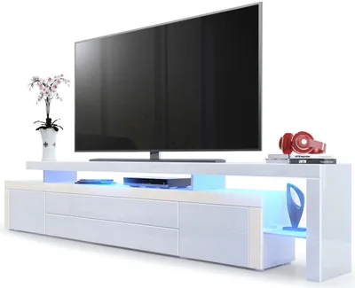 Produktbild von Vladon TV Board Lowboard Leon V3,  Germany, Korpus und Überbau in Weiß Hochglanz / Front in Weiß Hochglanz mit Rahmen in Creme Hochglanz inkl. LED Beleuchtung (227 x 52 x 35 cm)