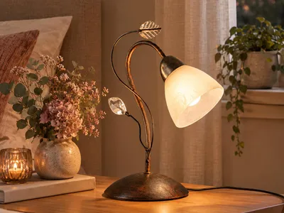 Produktbild von Tischlampe Rostoptik mit Blätter Deko & Glas Lampenschirm weiß, Nachttischlampe