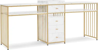 A white and gold double nail desk with drawers against a white background.