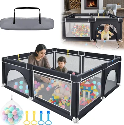Produktbild von NAIZY Laufstall Baby Laufgitter Schutzgitter mit Rutschfester Basis und Atmungsaktivem Netz und 50 Bälle, Stabiler Absperrgitter Aktivitätszentrum für Kinder,Schwarz - 150x180cm