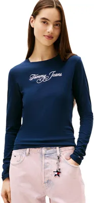 Produktbild von Tommy Jeans Damen Langarmshirt Slim Essential mit Rundhalsausschnitt, Blau (Dark Night Navy), XS