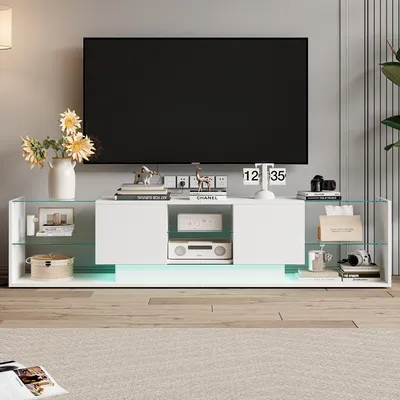 Immagine prodotto di Fortuna Lai Mobile TV moderno, tavolo TV con 2 cassetti e 6 ripiani a giorno, lunghezza 200 cm, lavagna TV LED lucida per soggiorno e sala da pranzo (bianco)