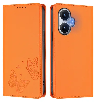 Image de Étui en cuir pour Xiaomi Poco F7/Redmi Turbo 4 Pro, motif papillon, étui portefeuille à rabat avec support, orange