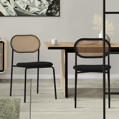 Produktbild von ML-Design Esszimmerstühle 2er Set, Schwarz, Küchenstuhl mit Rattan Rückenlehne Gepolsterte Stühle mit Gebogener Netzrücke Rattanstuhl mit Metallbeinen