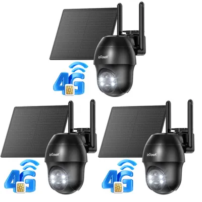 Three solar-powered 4G LTE security cameras with solar panels and 4G icons.