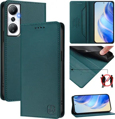 Produktbild von Lederhülle für Infinix Hot 20 4G Hülle Flip Brieftasche Kartenfächern Ständer Schutzhülle Dunkelgrün