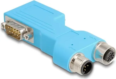 Produktbild von Delock D-Sub 9 Stecker und Buchse zu M12 Stecker und Buchse 5 pin A-kodiert CAN Bus Verteiler 90° blau
