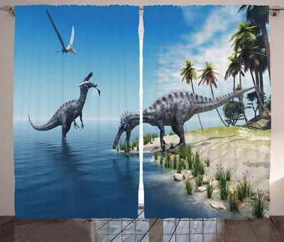 Zdjęcie produktu dla ABAKUHAUS Rustykalna zasłona zwierzęca, dziki dinozaur Suchomimus, zasłona do sypialni z falbaną, pętelkami i haczykami, 280 x 175 cm, zielono-niebiesko-szara