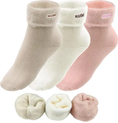 Produktbild von 3 Paar Stoppersocken für Damen Kuschelsocken Winter Thermosocken Fuzzy Dicke Socken Warme Bettsocken Damen Cozy Schlafsocken Flauschige Plüschsocken Winter EU35-39(Beige Kaffee Pink)