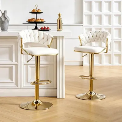 Productafbeelding van Barstoelen, set van 2, fluweel, verstelbaar, 360° draaibaar, modern, wit | Fluweel barstoelen met geweven rugleuning, keukenstoelen, geschikt voor bar, restaurant, keukenbar