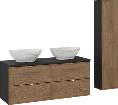 Produktbild von Badmöbel-Set 2-teilig mit 120 cm Doppelwaschtisch und Hochschrank in Eiche und schwarz - TARSIA-56