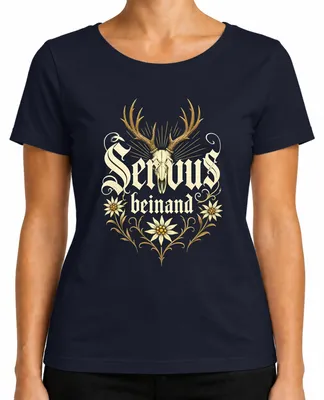 Productafbeelding van Servus, beinahe Hirsch, Geweih, Edelweiss, traditioneel shirt, lederen broek, dames T-shirt, marineblauw, maat XL