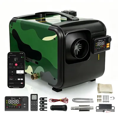 Obrázek produktu pro 8 kW přenosný horizontální dieselový ohřívač vzduchu s napájením 12 V, ovládáním přes Bluetooth aplikaci, LCD displejem a napájecím zdrojem, určený pro nákladní vozidla, automobily, obytné vozy, karavany a lodě