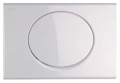 A white toilet flush plate with a circular button.