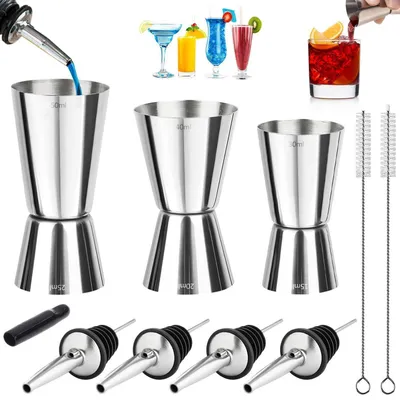 Produktbild von Cocktail Messbecher Set Edelstahl 3cl 4cl 5cl, 3 Stück Doppelmaß Barmaß mit Flaschenausgießer & Bürste