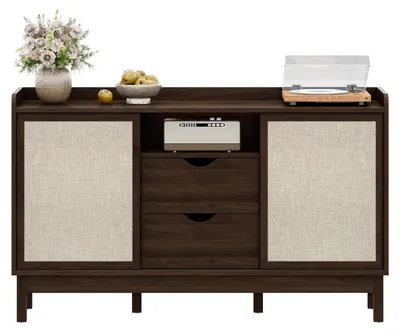 Produktbild von Sideboard mit Schiebetüren - Retro-Stil mit Farbblockdesign - Grifflose Schiebetüren und Doppelschubladen - Verstellbare Regalböden - Multifunktional