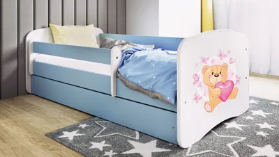 Produktbild von Kinderbett Jugendbett Schmetterlingsbär 70x140, 80x160, 80x180 cm - Komplettset mit Schublade & Rausfallschutz