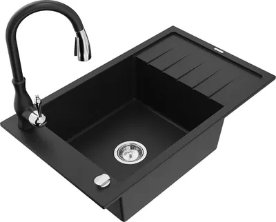 Produktbild von Mexen Elias 1 Becken-Granitspüle mit Abtropffläche und Mischbatterie Savita, Schwarz - 6511-77-672601-70