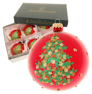6 rote Glaskugeln mit Tannenbaum-Motiv, 8 cm