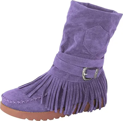 Image de ASKSA Femme Bottes plates Bottes d'hiver à gland, Violet, Taille : 39