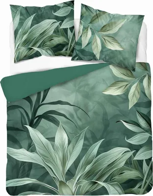 A top-down view of a duvet cover and two pillowcases with a tropical leaf pattern.