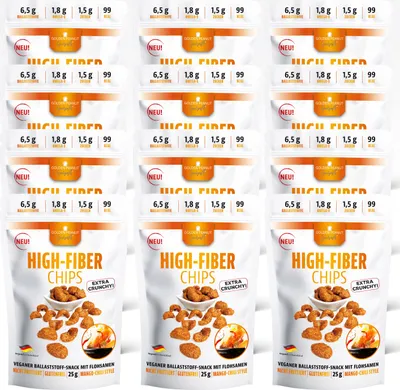Produktbild von High-Fiber Chips Mango-Chili Style 12 x 25 g Beutel, sättigender Ballaststoff Snack, Omega-3, vegan und glutenfrei